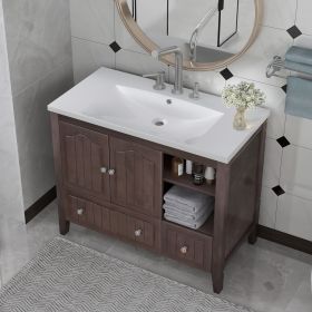 36" Bathroom Vanity with Ceramic Basin;  Bathroom Storage Cabinet with Two Doors and Drawers;  Solid Frame;  Metal Handles (Color: BROWN)